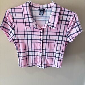 Plaid Pink Black White Cropped Button Down Shirt Short Sleeve Size Small